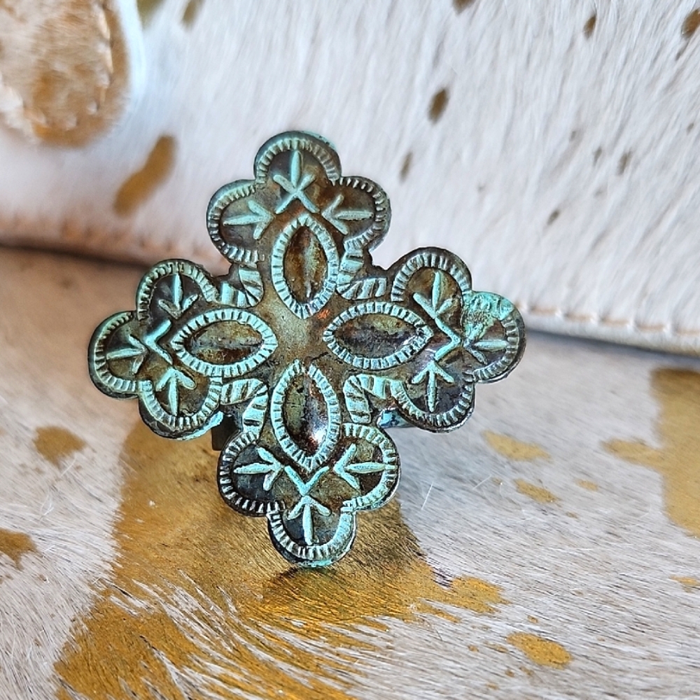 Turquoise Patina Adjustable Cross Pattern Ring